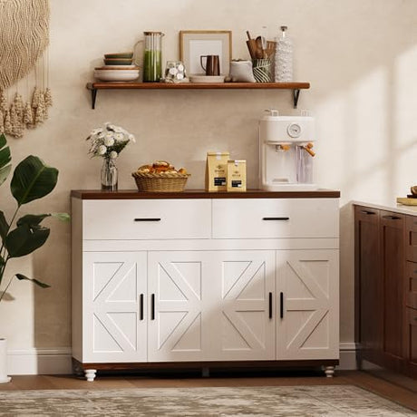 IRONCK Farmhouse 47.2" Sideboard Buffet Cabinet, White Coffee Bar Cabinet with 2 Drawers & Doors, Credenza Storage Cabinet for Kitchen, Living Room or Entryway IRONCK
