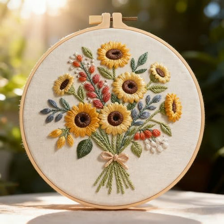 Sunflower Embroidery Kit for Beginners - All in One DIY Cross Stitch Starter with Hoop, Pre-Printed Fabric, Embroidery Threads, Needles,Perfect Craft Gift for & Home Decor Generic