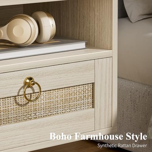 IGERI Floating Nightstand with Drawer for Wall Mounted Hanging Rattan Night Stand Bed Side Tables Wooden End Table Small Boho Dressers Farmhouse Shelves for Bedroom IGERI