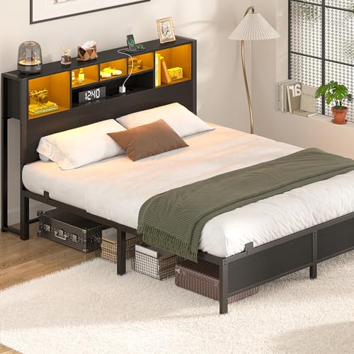 Homieasy Full Size Bed Frame with Bookcase Headboard, LED Lighting & Charging Station - Heavy Duty Metal Platform, No Box Spring Required Homieasy