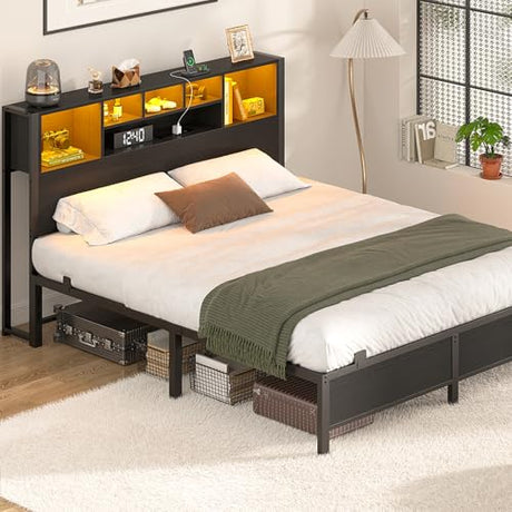 Homieasy Full Size Bed Frame with Bookcase Headboard, LED Lighting & Charging Station - Heavy Duty Metal Platform, No Box Spring Required Homieasy
