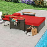 Tangkula Patio Rattan Daybed with 4-Level Adjustable Backrest, Outdoor Wicker Loveseat with Acacia Wood Armrest, Storage Ottoman & Folding Tray, Double Sunbed for Balcony, Backyard & Poolside, Red Tangkula