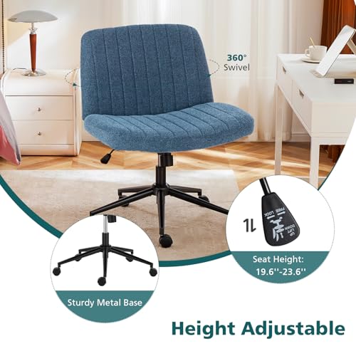 OLIXIS Criss Cross Chair with Wheels Wide Cross Legged Office Desk Vanity Chair Comfy Fabric Armless Adjustable Swivel for Home Computer Task Blue OLIXIS