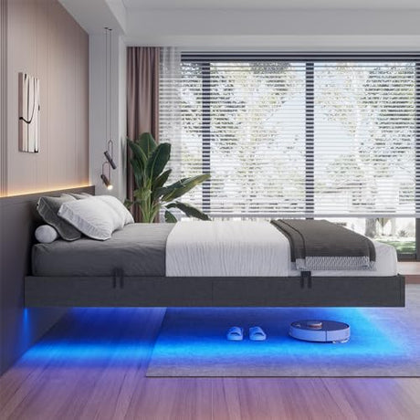 ADORNEVE Floating Queen Bed Frame, LED Bed Frame Linen Upholstered Platform Bed with Underbed Storage Space, Heavy Steel Slats Support, No Box Spring Needed, Noise Free，Dark Grey ADORNEVE