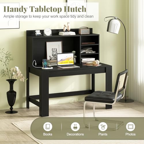 Giantex Computer Desk with Hutch, Modern Home Office Desk with Power Outlets, Storage Shelves & Cable Hole, Makeup Vanity Table, Study Writing Desk for Bedroom Office Small Space (Black) Giantex