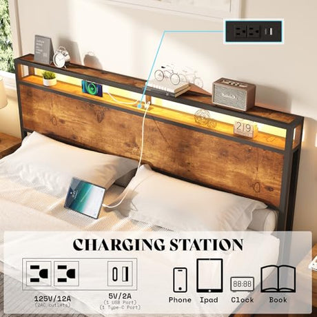 AMERLIFE King Size Floating Bed Frame with 2-Tier Storage Headboard, Metal Bed Frame with Charging Station & LED Lights, No Box Spring Needed, Rustic Brown AMERLIFE
