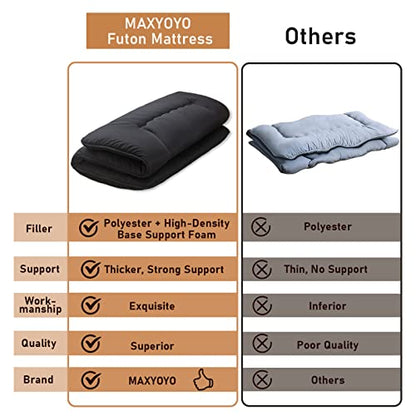 MAXYOYO Japanese Floor Futon Mattress, 4" Thicken Tatami Mat Sleeping Pad Foldable Roll Up Boys Girls Dormitory Mattress Kids Lounger Pillow Bed, Black, Full