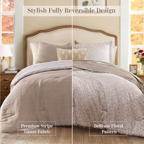 Queen Comforter Set - 7 Pieces Dark Brown Gauze Muslin Bedding Sets for All Seasons, Lightweight Breathable Bed in a Bag Queen with Revesible Farmhouse Comforter, Sheets, Pillowcases & Shams BLOOMHAVEN