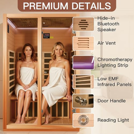 2 Person Infrared Sauna for Home, Low EMF Heater Panels & Chromotherapy Lighting, 1760W/120V, Perfect for Personal Home Sauna for Relaxation and Spa Wellness, 51.18" x 35.43" x 74.8" INFRADELUX