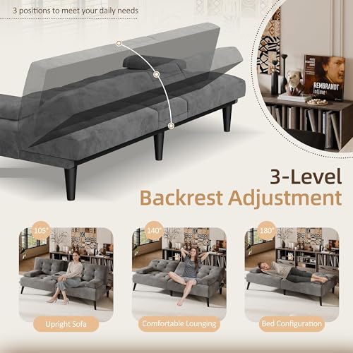 Shintenchi Futon Sofa Bed, Velvet Foldable Couch, Reclining Sleeper with Removable Armrests, Upholstered Loveseat Sofa Couch with Folding Cup Holders for Home, Office, Dark Gray Shintenchi