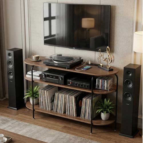 Faesun Large Record Player Stand with Vinyl Record Storage & Power Outlets, Holds 200+ Albums, 3-Tier Turntable Stand for Living Room & Bedroom, Mid Century Round Shelf Design,Walnut Faesun
