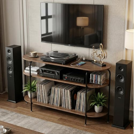 Faesun Large Record Player Stand with Vinyl Record Storage & Power Outlets, Holds 200+ Albums, 3-Tier Turntable Stand for Living Room & Bedroom, Mid Century Round Shelf Design,Walnut Faesun
