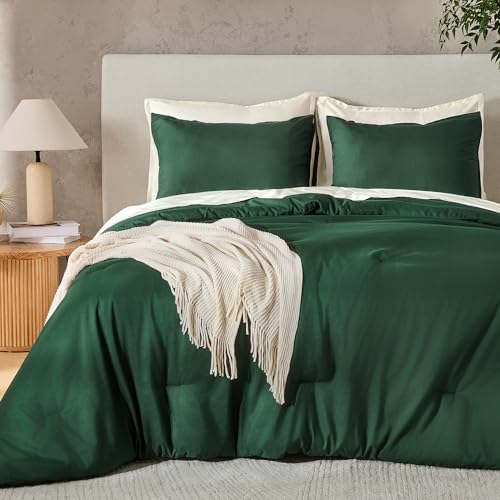 Andency Dark Emerald Green Queen Size Comforter Set, 3 Pieces Forest Hunter Green Boho Solid Bedding Sets, Soft Cozy Lightweight Down Alternative All Season Bed Set
