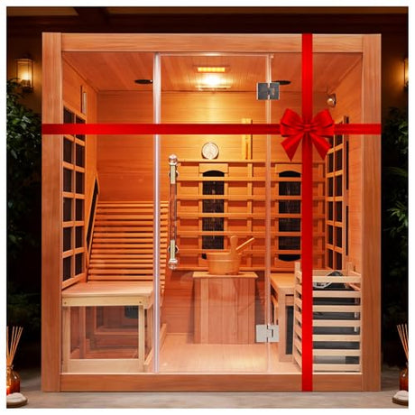 amocane Infrared & Steam Dual-System Sauna Room, 2-3 Person Canadian Red Cedar Wood Sauna with Recliner, Indoor Traditional Home Saunas Spa with 9 Heaters & 6KW Sauna Stove, Oxygen Bar amocane