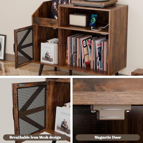 Loomie Large Rustic Record Player Stand with Power Outlet & LED Light, 350 Vinyl Record Storage Cabinet with Magnetic Door, Turntable Table with Wood Legs for Living Room (Rustic) Loomie