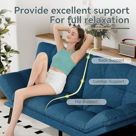 AMICLIBER Futon Sofa Bed Convertible Couch, Blue Linen Sofa Bed with Memory Foam, Adjustable Backrest & Armrests, Multifunctional Small Loveseat Sleeper Sofa for Living Room, Apartment, Office AMICLIBER