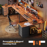 PRAISUN 61" L Shaped Desk with Power Outlets and USB-C Port, Reversible Computer Corner Office Desk with 4 Fabric Drawers and 2 Height-Adjustable Shelves, Large for Gaming Writing Study, Rustic Brown PRAISUN