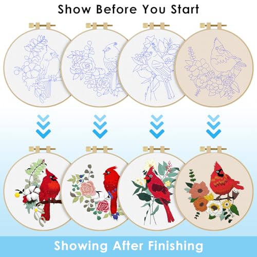 ERKOON 4 Sets Embroidery Kit, Animal Cross Stitch Set for Include Embroidery Cloth Hoops Threads for Craft Lover Hand Stitch (Cardinal)