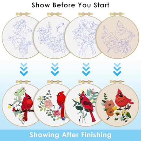 ERKOON 4 Sets Embroidery Kit, Animal Cross Stitch Set for Include Embroidery Cloth Hoops Threads for Craft Lover Hand Stitch (Cardinal) ERKOON