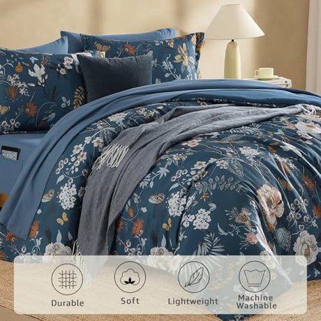 CASAAGUSTO King Size Comforter Set - 7 Pieces Blue Floral Bedding Sets, King Bed in a Bag with Botanical Butterfly Comforter, Sheets, Pillowcases & Shams for All Seasons CASAAGUSTO