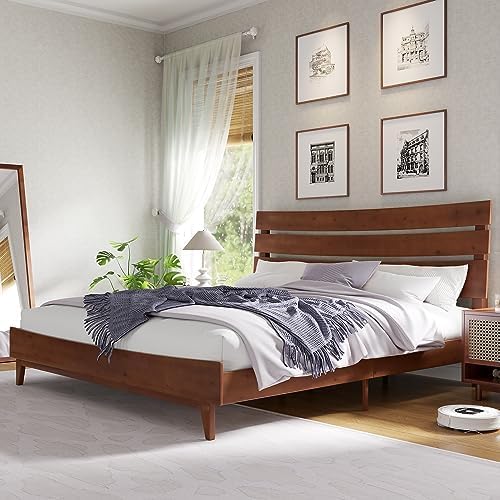 VanAcc King Size Solid Wood Bed Frame, Mid-Century Platform Bed with Slatted Headboard, Wood Slat Support/No Box Spring Needed/Walnut VanAcc