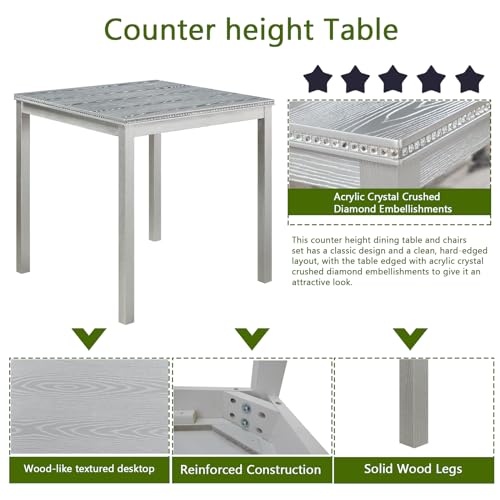 KEIKI 5-Piece Counter Height Dining Table Set with Square Table and 4 Upholstered Chair, for 4 Person, Modern Crystal Decoration Wooden Table Set, Easy Assembly, for Kitchen, Dining Room, Silver Grey KEIKI