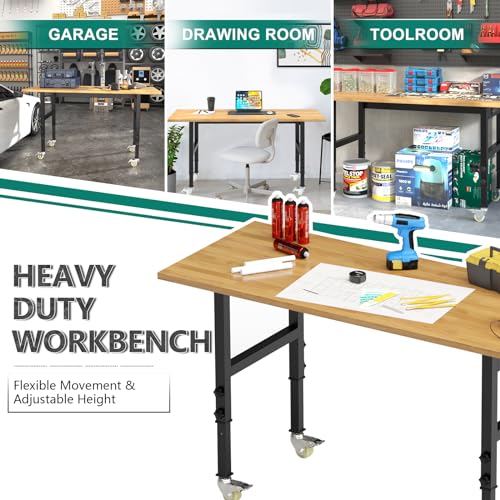 Adjustable Heavy Duty Workbench with Metal Wheels,Rubber Wood Top Working Table, 2500 LBS Load Capacity with for Workshop and Office,etc. DUSACOM