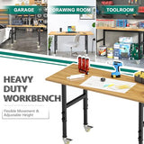 Adjustable Heavy Duty Workbench with Metal Wheels,Rubber Wood Top Working Table, 2500 LBS Load Capacity with for Workshop and Office,etc. DUSACOM