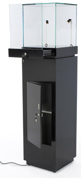 64" Glass Showcase with Pull-Out Drawer and Locking Storage Cabinet, Includes 2 LED Spotlights, Pedestal Display Case for 360 Degree Viewing - Black Displays2go