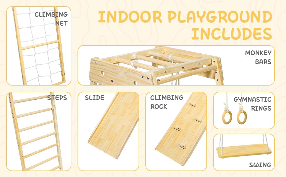 Climber,Indoor Playground Wood Toddler Playset Montessori 7-in-1 with Jungle Gym, Ramp, Slide, Swing, Swedish Ladder, Monkey Bars, Rope Ladder, Rock Wall Dome for Kids Ages 1-6 New - WoodArtSupply