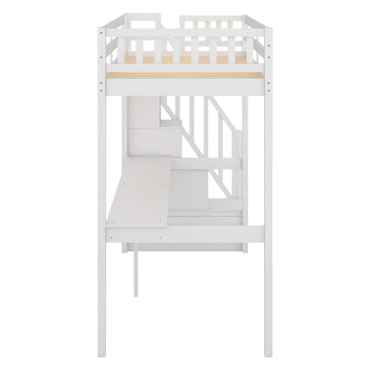 SOFTSEA Twin Loft Bed with Integrated Desk and Storage Stairs in White