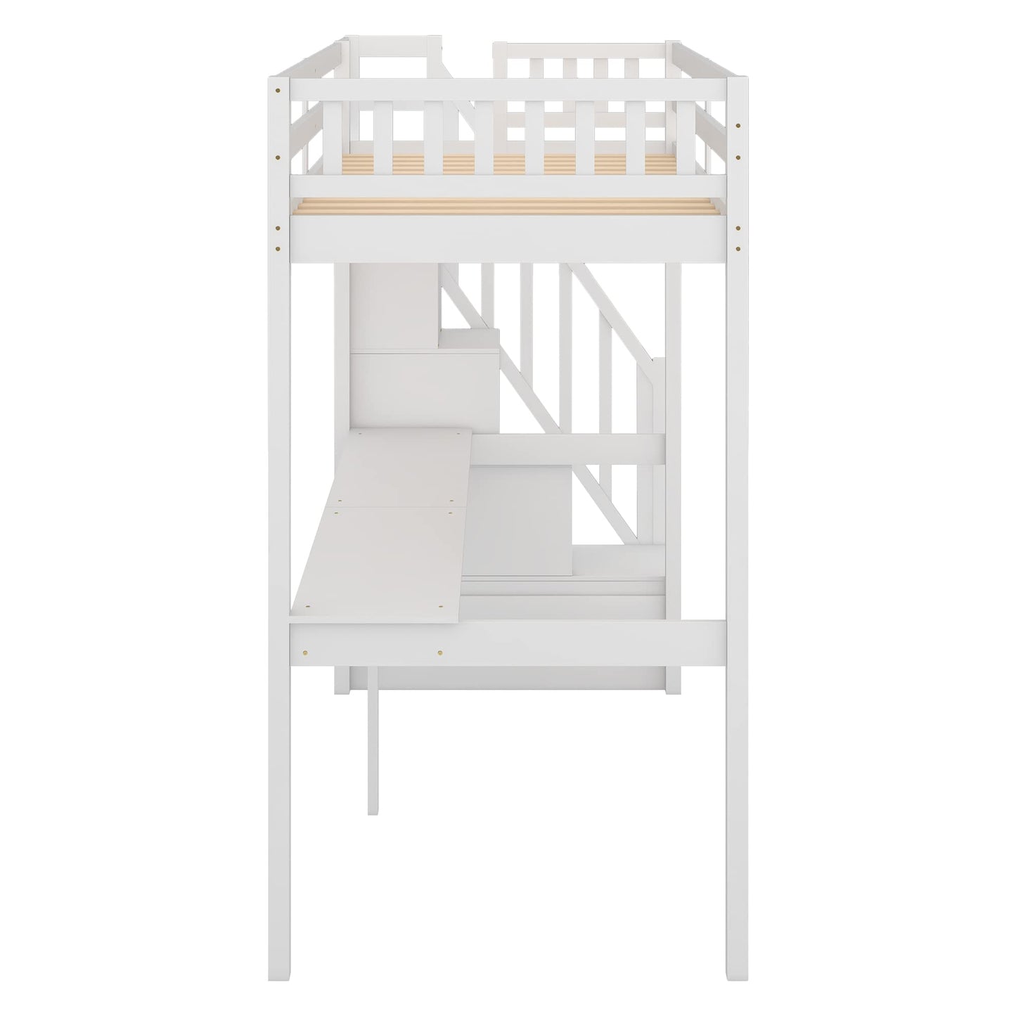 Twin Loft Bed with Desk and Stairs, Wood Loft Bed Frame Twin Size with Storage Staircase and Safety Rails for Kids Teens Adults, White