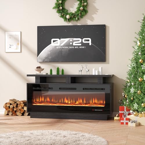Fireplace TV Stand with 50" Smart Electric Fireplace, Modern Wood Entertainment Center with Mantel&Built-in Power Outlets, Fireplace Cabinet for Living Room (Black, 50" WiFi) HOMTHING