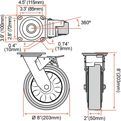 FactorDuty 8" X 2" Heavy Duty Caster Set of 4 Locking Swivel Caster Wheels Polyurethane On Polyolefin Industrial Grade Premium Quality 4000lbs Total Capacity FactorDuty