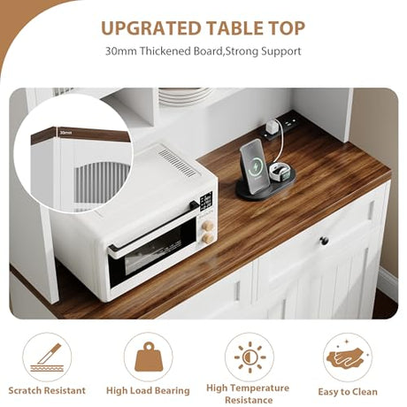 Garvee 71" Pantry Cabinet with Charging Station, Tall Kitchen Pantry Storage Cabinet with Microwave Stand, Farmhouse Kitchen Hutch with Storage Drawers for Living Room, Dining Room, White Garvee