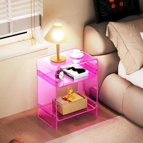 Acrylic Record Player Table with Storage Shelf, Clear Side Table Nightstand (Pink, Large) Acrylicolor