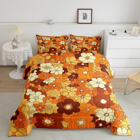 Boho Floral Bedding Set Full Retro Groovy Flowers Down Comforter 60S 70S Hippie Flower Power Comforter Set For Kids Girls Women Groovy Natural Garden Botanical Quilt Duvet 2 Pillow Cases Orange Brown Erosebridal
