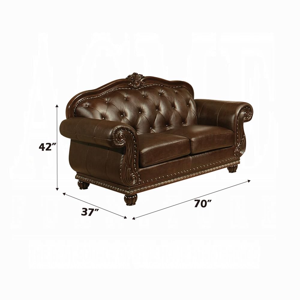 Top Grain Leather Traditional 4-Piece Formal Living Room Set: Luxury Sofa, Loveseat, Single Chair and Coffee Table, Espresso Match with Cherry Finish, Button Tufted Back & Nailhead Trim Generic