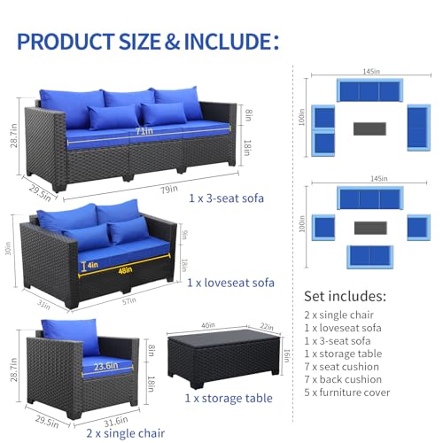 Rattaner Outdoor Wicker Furniture Set 5 Pieces Patio Sectional Sofa Couch Set with Storage Table Royal Blue Anti-slip Cushions Furniture Covers Rattaner