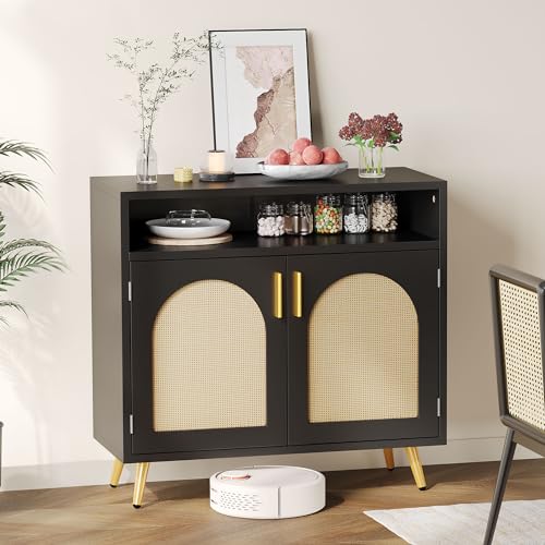 DWVO Buffet Sideboard Cabinet, Rattan Accent Storage Cabinet with Natural Rattan Doors, Modern Coffee Bar Cabinet with Adjustable Shelves 200 lbs Capacity for Kitchen, Living Room and Hallway, Black