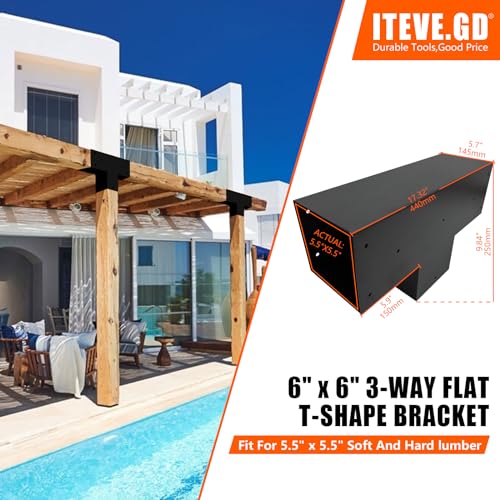 ITeVe.GD 3-Way Pergola Kit,3-Way T-Shape Flat Pergola DIY Brackets for 6 x 6 (Actual:5.5"x5.5") Lumber for Patio Pergola,Log Cabin Gazebo W/Hardware - 1 Pack… ITeVe.GD