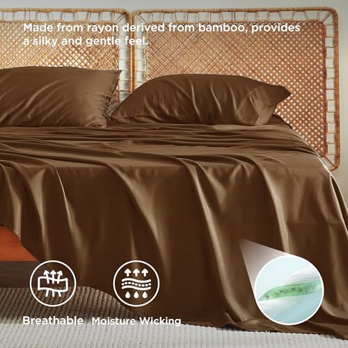 Bedsure Full Size Bed Sheets, Cooling Sheets, Rayon Derived from Bamboo, Breathable & Soft, Deep Pocket Up to 16 Inches, Hotel Luxury Silky Bedding for Hot Sleepers, Brown Bedsure