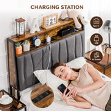 COMHOMA Twin Size Platform Bed Frame with LED Lights and Charging Station, Storage Headboard and Footboard Drawers, No Box Spring Needed, Rustic Wood Look COMHOMA