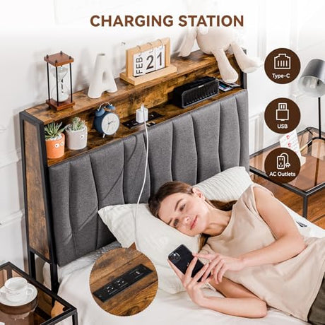 COMHOMA Twin Size Platform Bed Frame with LED Lights and Charging Station, Storage Headboard and Footboard Drawers, No Box Spring Needed, Rustic Wood Look COMHOMA