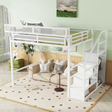 KEIKI Queen Size Metal Loft Bed Frame with Convertible Staircase, Built-in Storage Shelves & Wardrobe, Loft Bed with Solid Slats & Guardrail, No Box Spring Required, Easy Assembly, for Bedroom, White KEIKI
