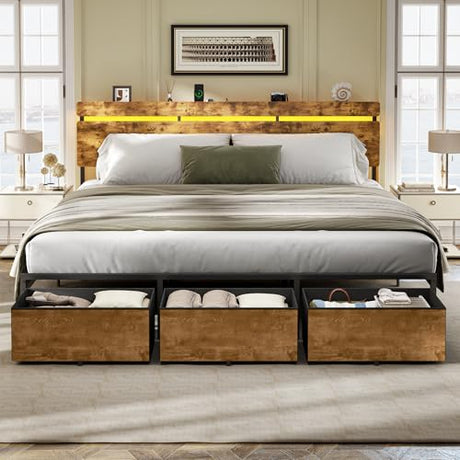 Forestell King Size Bed Frame with Wood Headboard, Metal Platform Bed with 3 Storage Drawers & Shelf, Built-in Charging Station & LED Lights, No Box Spring Needed, Vintage Brown, Camas King Forestell