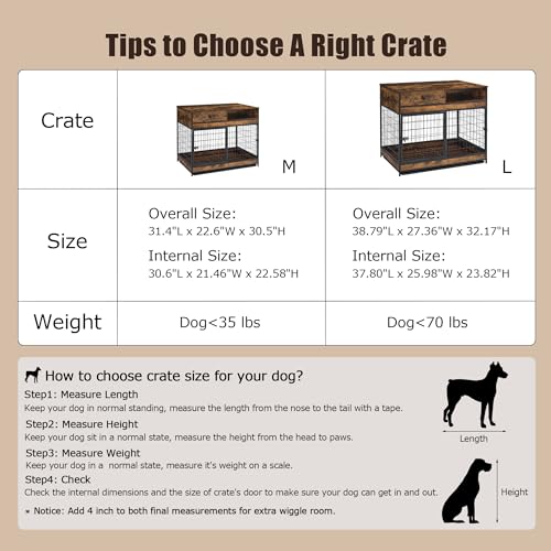 FAVOOSTY Dog Crate Furniture, 31.5 Inch Dog Kennel with Storage Drawer, Double Doors Heavy Duty Dog Cage with Removable Tray, Indoor Wooden Pet Crate for Small Medium Dogs, Rustic Brown - WoodArtSupply