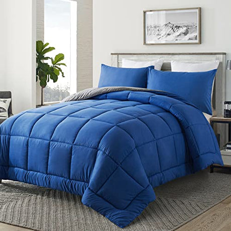 DOWNCOOL Queen Comforter Set -All Season Bedding Comforters Sets with 2 Pillow Cases-3 Pieces Bedding Sets Queen -Down Alternative Blue/Grey Queen Size Comforter Sets(88"x92") DOWNCOOL