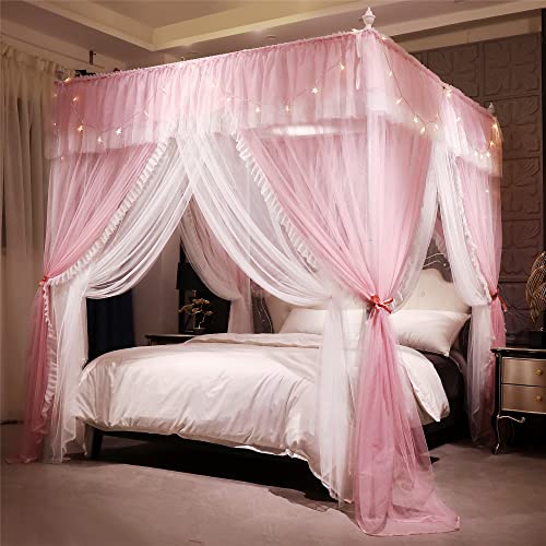 VETHIN 4 Corners Post Ruffle Princess Bed Canopy Curtain-Double Layer Cozy Drape Netting 4 Opening Mosquito Net for Girls Adults Bedroom Decoration (Pink/Whtie, 47" W*78" L*82" H/Twin)