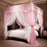VETHIN 4 Corners Post Ruffle Princess Bed Canopy Curtain-Double Layer Cozy Drape Netting 4 Opening Mosquito Net for Girls Adults Bedroom Decoration (Pink/Whtie, 47" W*78" L*82" H/Twin)